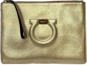 Ferragamo Gancini Gold Leather Clutch Bag (Pre-Owned)