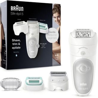 Braun Silk-&eacute;pil 5 Epilator For Women Hair Removal With Shaver, Trimmer, And Body Massager Attachments, Bag, 5-625, White/grey