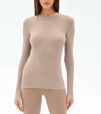 SPLITS59 Louise Rib Long Sleeve Top In Latte