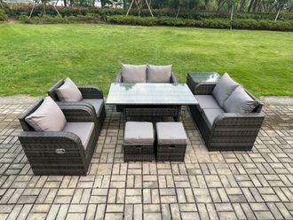 Fimous Rattan Outdoor Furniture Garden Dining Set Rectangular Table & Chair Sofa Set With Side Table 2 Small Footstools in Dark Grey