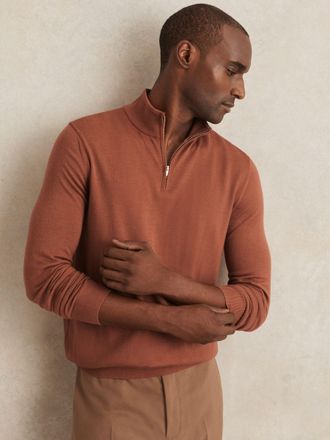 Reiss Cinnamon Brown Merino Wool Half-zip Jumper, XL