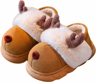 Generic Girls Slippers Winter Warm Fleece Lined Reindeer Slippers Cozy Home Footwear Non Slip Sole Soft Plush Back Cover for Age 2 To 13 Years