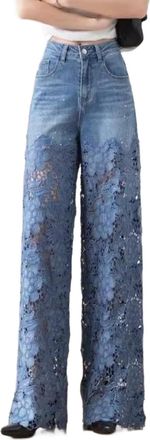 Generic Chic High Waisted Patchwork Hollow Out Jeans Elegant Look Lace Cutout Denim Pants for Women
