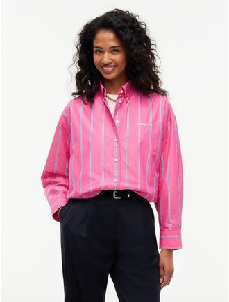 Tommy Hilfiger Womens Tommy Jeans Bubble-Hem Cropped Shirt - Bright Cherise Pink / Stripe - L