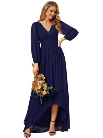 Ever-pretty Maxi Womens Evening Dresses Double V-Neck and Long Sleeves A-Line High-Low Chiffon Bridesmaid Dress Navy Blue 12UK