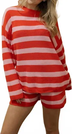 Hem & Thread Hallie Striped Sweater Set In Red And Pink