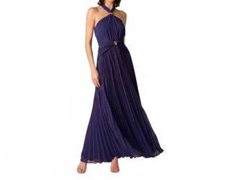 Aidan Mattox Pleated Chiffon Hardware Halter Gown In Twilight