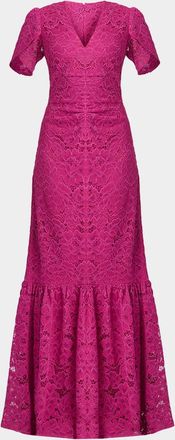 Shoshanna Bolton Tulip-Sleeve Corded Lace Gown