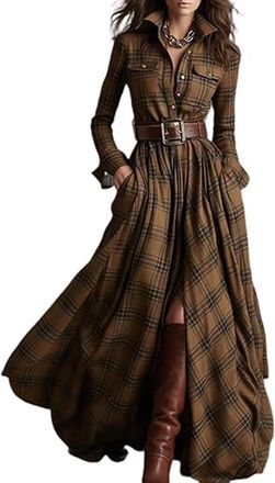 Generic Plaid Maxi Dress for Women, Womens Long Sleeved Dress with Pockets Casual Fashion Retro Style, Plaid Button Down Dress. (Khaki,XXL)