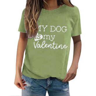 Generic 2025 Casual Tee Shirt Womens Blouse Loose Tunnic Valentines Day My Dog is My Valentine Print Casual Sweatshirt Printed Crew Neck T Shirt Womens Pullov