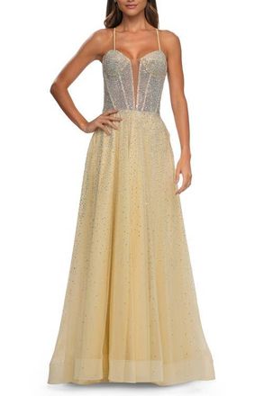 La Femme Prom Gown with Rhinestone Tulle and Illusion Corset Bodice in Pale Yellow at Nordstrom, Size 2