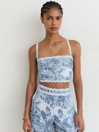 Reiss Womens Blue Linen Wave-trim Cropped Cami Top, 16