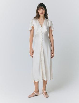 Ghost London Grace Satin Button V-Neck Dress in Ivory at Nordstrom, Size 12