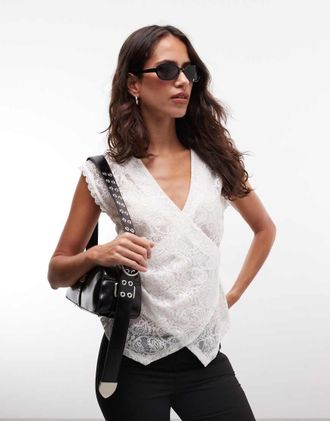 AllSaints Top avvolgente senza maniche in pizzo bianco