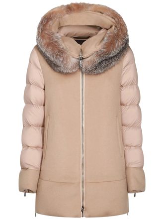 Moorer Fresia Coat with Quilted Sleeves and Fur Trim