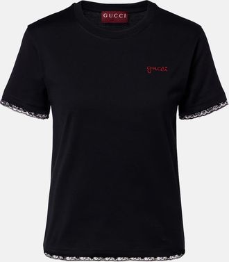 Gucci Embroidered lace-trimmed cotton jersey T-shirt