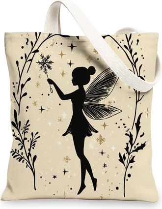 Generic Fantasy Magic Christmas Fairy Canvas Tote Bag for Shopping 13x15, Aesthetic Retro Xmas Reusable Grocery Print Pattern Bag for Women, Holiday New Year 