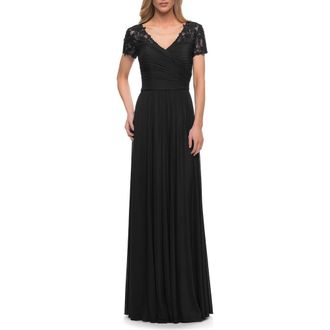 La Femme Jersey Long Evening Dress with Short Lace Sleeves in Black at Nordstrom, Size 16