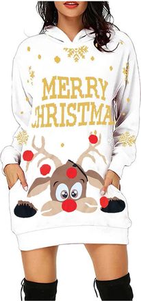 Generic Christmas Hoodies Dress for Women Long Sleeve Xmas Printed Sweatshirt Dress Winter Comfortable Plus Size Dress Casual Loose Oversized Pullover Tops wi