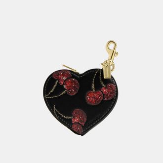 Coach Womens Heart Bag Charm With Cherry Print - Black Leather - One Size