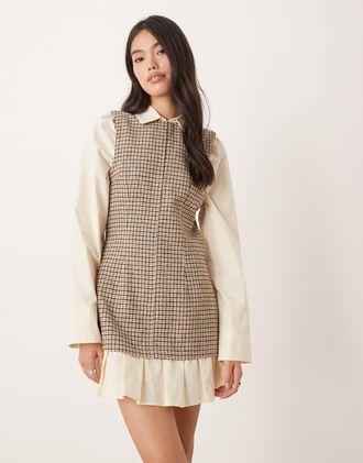 Asos Vestito corto stile camicia ibrido color cuoio a quadri con fondo peplo-Multicolore