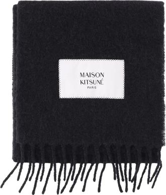Maison Kitsun&eacute; Accessoires, Heren, Zwart, ONE Size, Logo Patch Sjaal met Franjes