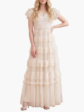 Needle & Thread Vivian V-neck Sequin Dress in Cream at Nordstrom, Size 10