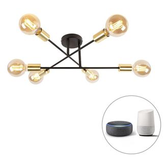 QAZQA Smart Ceiling Light Black with Gold 6 Lights Incl. Wifi G95 - Sydney