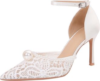 Generic Women Pointed Toe Stiletto High Heels 8.5CM White Lace Tulle Pearls Wedding Evening Party Ankle Strap-Numeric_10_Point_5