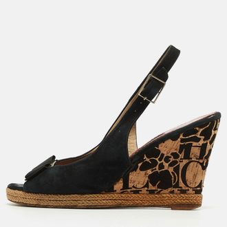 Carolina Herrera Black Suede Bow Cork Wedge Slingback Sandals