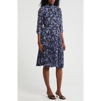 Nanette Lepore Smocked Mock Neck Three-Quarter Sleeve Midi Dress in Navy 690-3 Print at Nordstrom Rack, Size 14