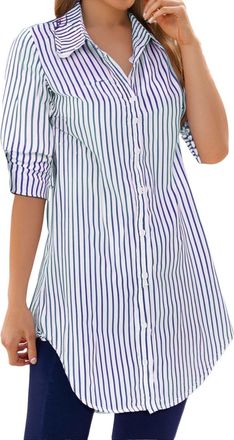 Generic Womens Tops Oversized Striped Button Down Collared Long Sleeve Blouses Business Casual Office Work Shirts for Ladies(Blue, M) longbluse Damen