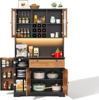 STILVORA Armario De Cocina Alto Con 5 Puertas Y 1 Caj&oacute;n Con Led Y Regleta Con Usb, Mdf, Negro Y Natural, 105x40x180 Cm