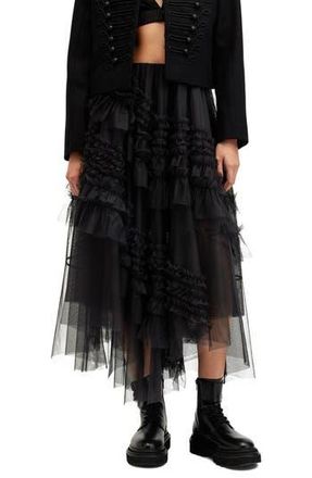 AllSaints Jen Asymmetric Hem Tulle Skirt in Black at Nordstrom Rack, Size 12 Us / 16 Uk