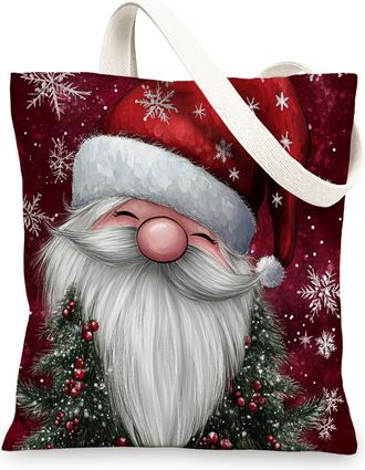 Generic Red Merry Christmas Gnome Canvas Tote Bag for Shopping 13x15, Winter Fun Xmas Reusable Grocery Print Bag for Women, Holiday New Year Beach Aesthetic P