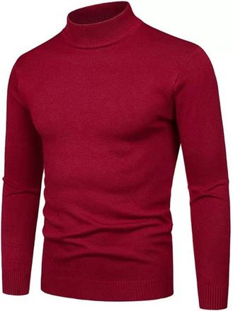Generic Men Solid Color Semi High Neck Slim Fit Pullover Sweater Knitted Sweater Casual Business Fashion Trend Comfortable Sweater Wool Coat Jacket Red