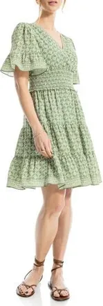 Max Studio Short Bell Sleeve Fit & Flare Dress in Green/Cream Batik Daisy at Nordstrom Rack, Size X-Small
