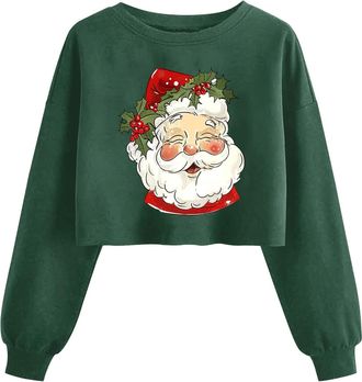 Generic Christmas Sweatshirts for Women Funny Graphic Long Sleeve Shirts Cropped Tops Christmas Tree Red Wine Glasses Santa Print Crewneck Cute Xmas Holiday P