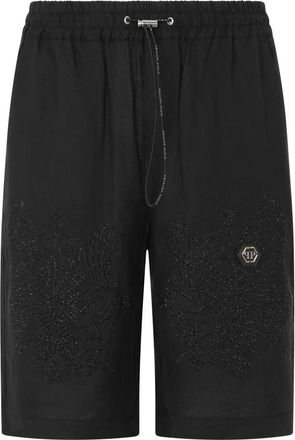 Philipp Plein Geborduurde Linnen Bowling Shorts Tattoo Strass - Heren - Korte Broeken - Zwart - 3XL - Linnen - Korte Broeken