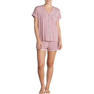 Barefoot Dreams Malibu Collection Soft Jersey Piped Pajamas in Teaberry-White at Nordstrom, Size X-Small