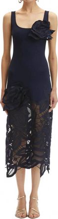Oscar De La Renta Rose Guipure Long Knit Dress In Navy