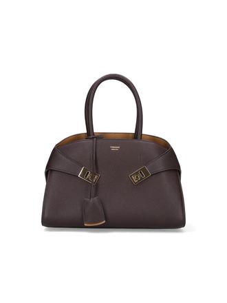 Ferragamo Medium Structured Handbag with Rotating Buckle Closure and Signature Logo
