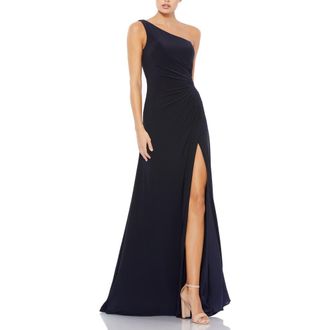 Mac Duggal One Shoulder Ruched Jersey Evening Gown in Midnight at Nordstrom, Size 16