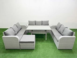 Fimous PE Rattan Lounge Sofa Set 10 Seater Outdoor Garden Furniture Set w/ Rectangular Dining Table 3 Seater Sofa Big Footstool Side Table Light Grey