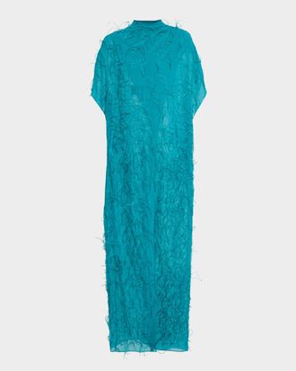 Sally Lapointe Mock-Neck Feather-Trim Georgette Crisscross Maxi Top