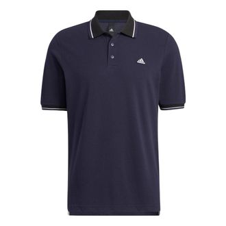 adidas Mens adidas Alphabet Logo Embroidered Stripe Buckle Short Sleeve Legendary Ink Blue Polo Shirt HS4393