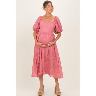 Pinkblush Embroidered Floral Puff Sleeve Midi Dress in Mauve at Nordstrom, Size Medium