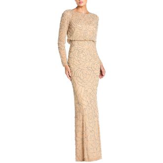 Mac Duggal Long Sleeve Floral Beaded Blouson Gown in Nude Silver at Nordstrom, Size 16