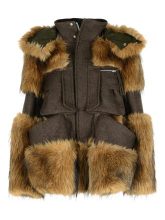 sacai Giacca in lana con dettagli in pelliccia - Marrone