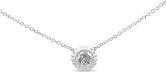 House of Brilliance 10K White Gold 1/4 Cttw Bezel-Set Round Diamond Solitaire Floral Pendant 18 Necklace